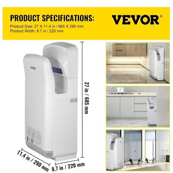 Elektrisk handtork - VEVOR VV-JHD-BS - 2000W - ABS - HEPA Vit