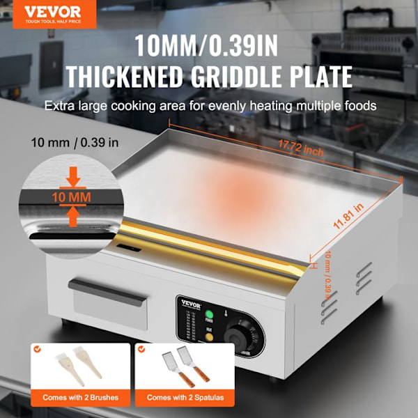 Elektrisk Plancha-VEVOR- 2800 W, kokplatta i järn och rostfritt stål, justerbar temperatur 50-300°C, 2 spadar och 2 borstar