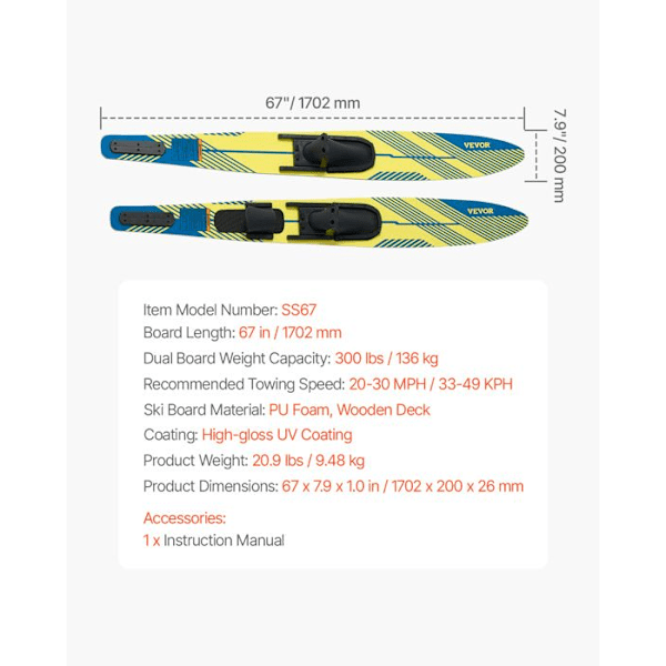 Combo Vattenskidor-VEVOR-170,2 cm-Vattenskidmaterial för Vuxna-UV-beläggning-Sport på Vatten