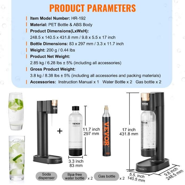 Mousserande vattenmaskin-VEVOR-med 2 BPA-fria 1L PET-flaskor, 2 CO2-cylindrar, kompatibel med den 60 L inskruvade CO2-cylindern
