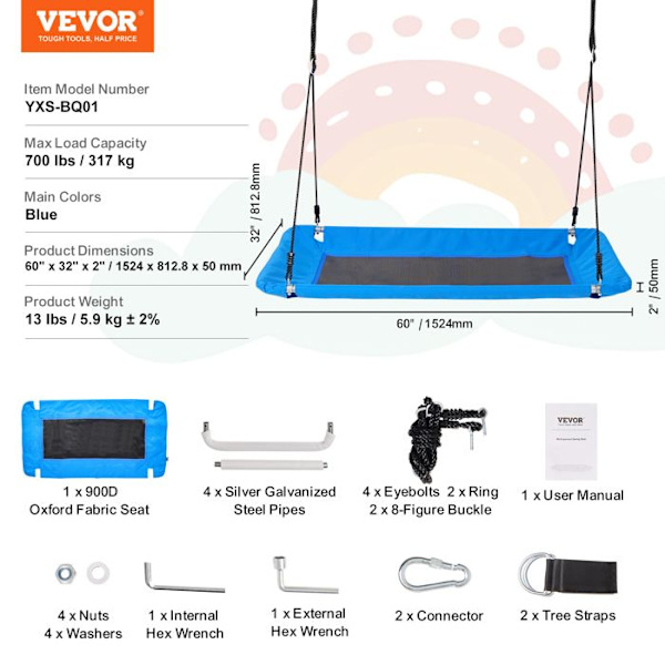 Tree Swing-VEVOR-Inkluderar två hängremmar och justerbara linor för utomhusnöjen