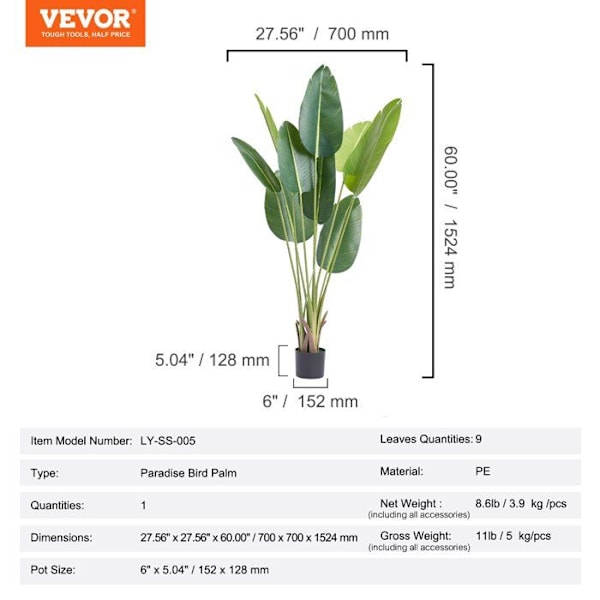 Konstgjord träd - VEVOR - Konstgjord palm Paradisfågel Konstgjord växt 700x1524 mm