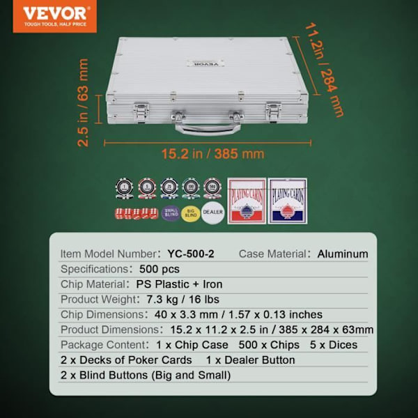 Komplett Ultimate Poker Kit - VEVOR - 500 marker - Tokens mått: 40 x 3,3 mm - PS plast + järn - Hemmakasino Flerfärgad