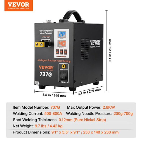 Batteripunktsvets-VEVOR-Pulse 737G-Batteriladdare-2 svetslägen-LED-belysning för rent nickel 0,12 mm