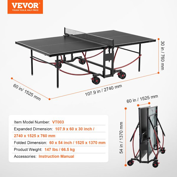 Ping Pong Bord-VEVOR-All Weather Bärbart Aluminium Vikbart Bordtennisbord med Quick Release Net