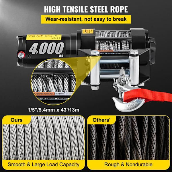 1815KG elektrisk vinsch - VEVOR - 12V - Trådlös fjärrkontroll linvinschvagn