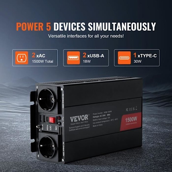 Truck Inverter - VEVOR - 280 x 144 x 72 mm Modifierad sinusvågsomriktare 1500W 12V DC till 230V AC CE FCC