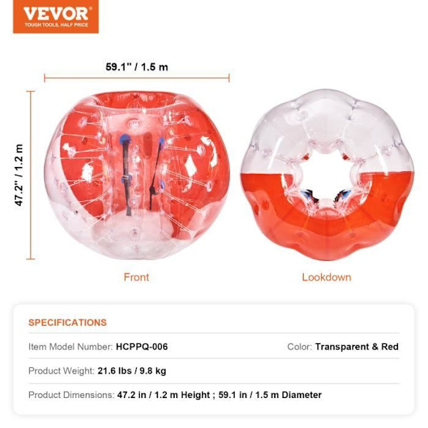 Uppblåsbar Bubble-VEVOR-1,5 m diameter, PVC Bubble Bumper Ball-Röd och Transparent Shock-Utomhusspel Bubble Toys