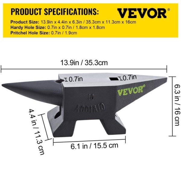 Smedens städ - VEVOR - Hårt stål - 2 horn - 10 kg