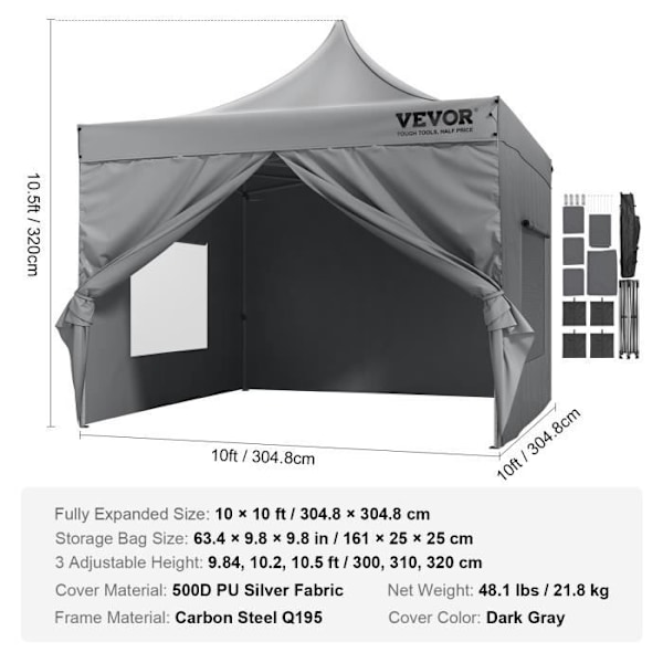 Pop up Gazebo - VEVOR - Pop-up Gazebo tält med markis 304,8x304,8 cm Mörkgrå sidoväggar