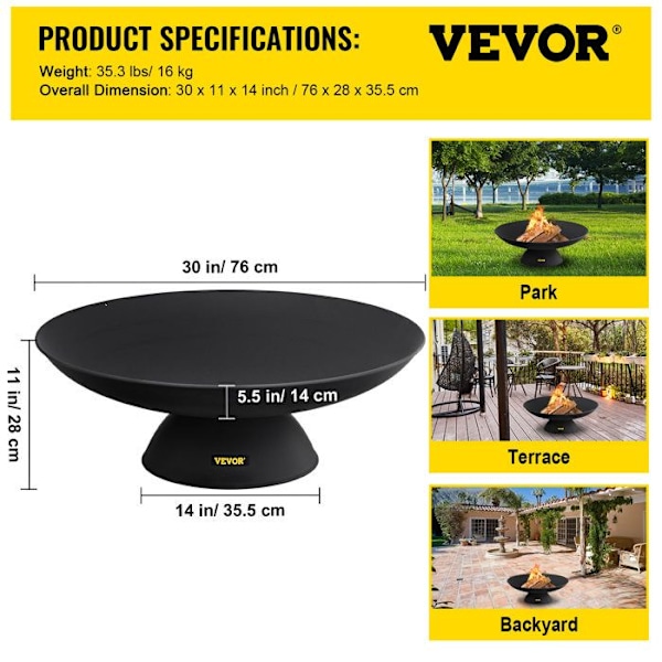 Utomhus Trädgård Eldstad -VEVOR-Skål Diameter 76 cm Utomhus Eldskål Slitstark Gjutjärn Målad Svart