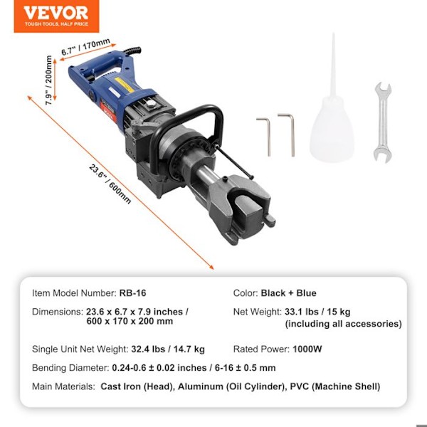 Elektrisk armeringsbockningsmaskin-VEVOR-1000 W-Bärbar hydraulisk bockningsmaskin - för stålstänger
