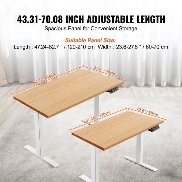 Ståbordsram-VEVOR-Justerbar höjd 70-117 cm-Längd 110-178 cm-Hem, kontor, Endast ram-Vit Vit