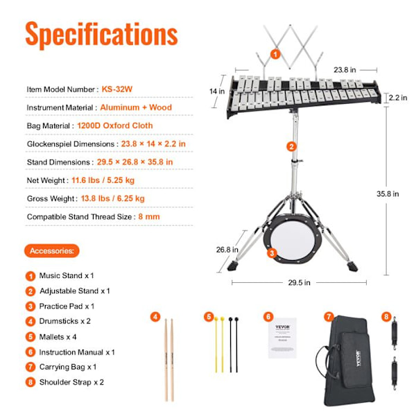 32 Notes Klockspel Xylophone Kit - VEVOR - Professionellt slaginstrument - med klubbor, trumpinnar, instrumentset