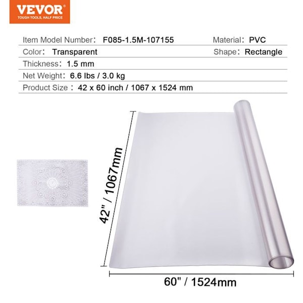 Frostad PVC-bordsduk-VEVOR-1067x1524 mm-Tjocklek 1,5 mm-Rektangulär-Vattentålig-Lätt att rengöra Transparent