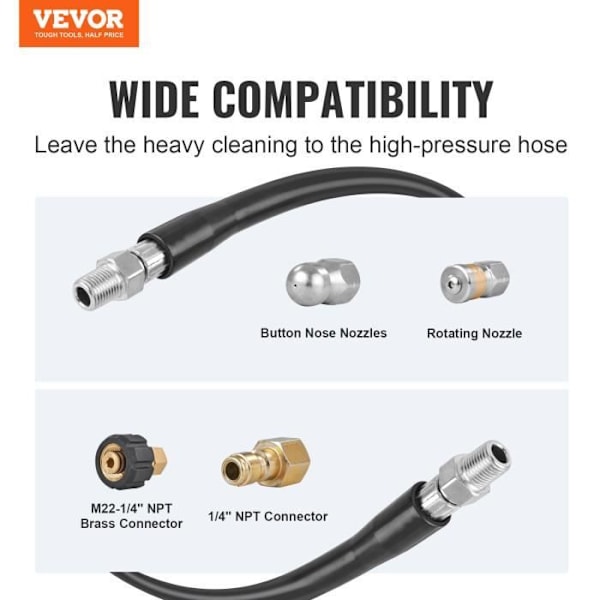 Högtryckstvättarslang - VEVOR - 30,5 m, böjradie 19,1 mm, maxtryck 4200 psi, PE, PVC, polyester
