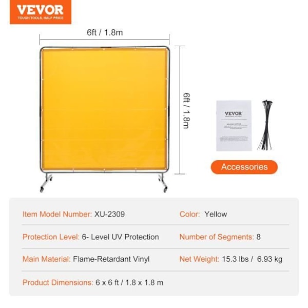 Svetsgardin - VEVOR - 1,8x1,8 m 6,93 kg, Med ram, 4 hjul, gul, flamskyddad vinyl, för Verkstad, Industri