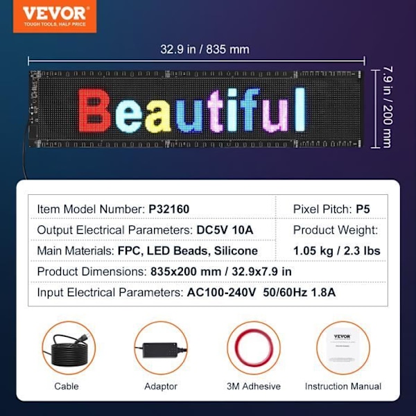 LED-ljusskylt - VEVOR - Programmerbar LED-ljusskylt rullande displaypanel 83,5x20 cm, för butik, reklam