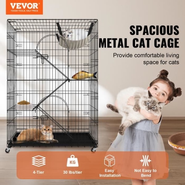 Cat Cage - VEVOR - 4-nivå metall kattbur på låsbara hjul 2 dörrar