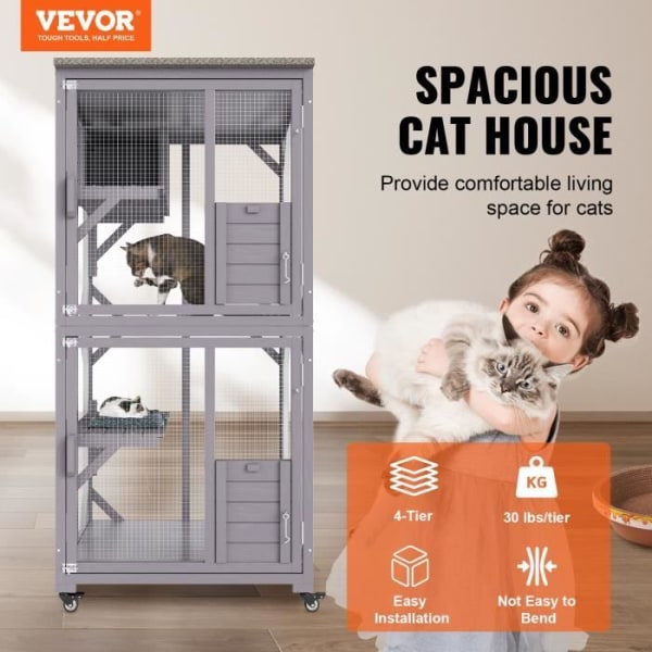 Cat Cage - VEVOR - 3-nivå kattbur på låsbara hjul med vilolåda