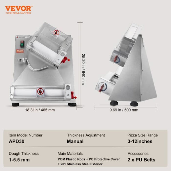 Pizzaformningsmaskin - VEVOR - 465 x 500 x 640 mm, 34,5 kg, Justerbar tjocklek 3 till 12 tum, 370 W, Rostfritt stål