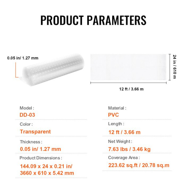 Mattskyddsfilm -VEVOR-61 cm x 3,66 m-Halkskyddad PVC Cat Scratch Skydd, lätt att skära