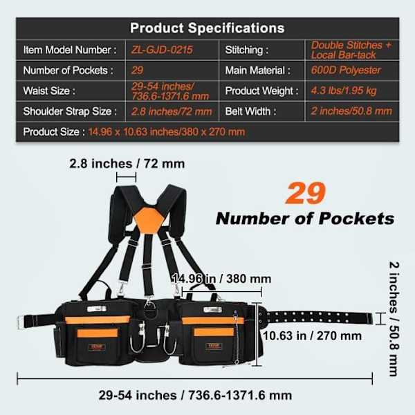 Verktygsbälte - VEVOR - Verktygsbälteshängslar Ficka Justerbar Carpenter Tools 600D Polyester