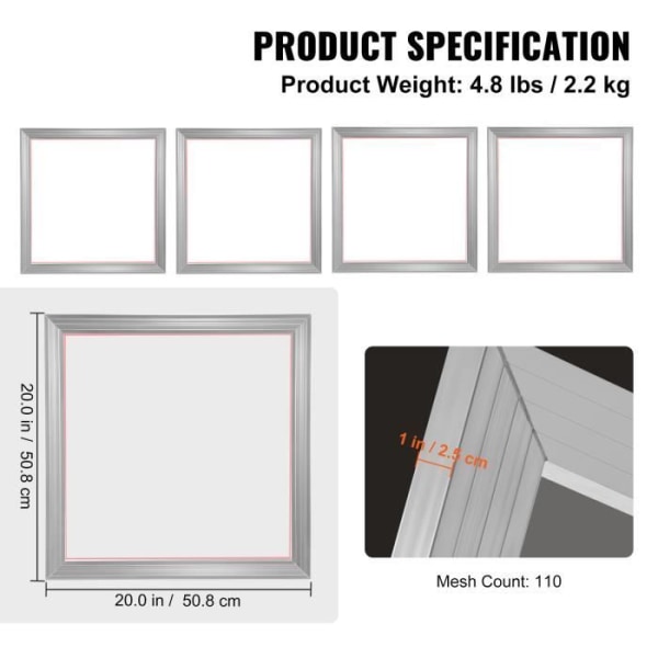 Set med 4 screentryckramar - VEVOR - Aluminium screentryckssats 50,8x50,8 cm Mesh 110