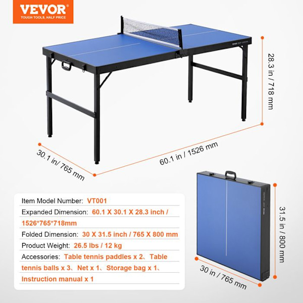 Ping Pong bord-VEVOR-Bärbart inomhus hopfällbart MDF bordtennisbord-med nät, 2 paddlar, bärväska