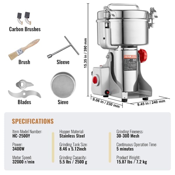 Kaffekvarn Elektrisk Kryddor-VEVOR-2500 g 3400 W-Kommerciell Kvarn-Hög Hastighet-Rostfritt Stål