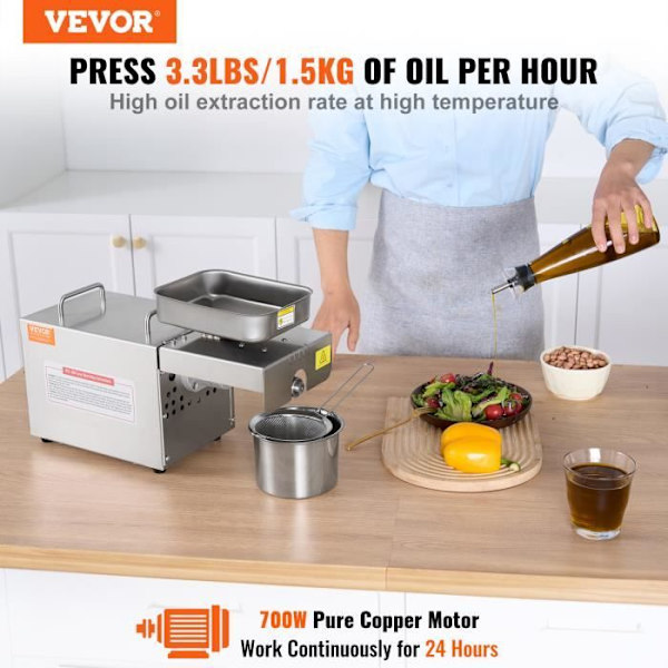 Elektrisk oljepress-VEVOR-140℃ konstant temperatur-700W-oljeextraktor i rostfritt stål