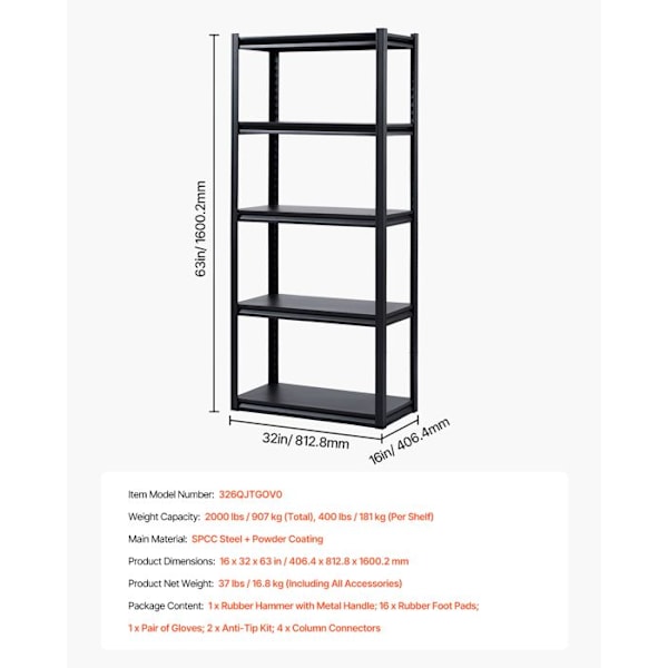 Tungt Hyllsystem-VEVOR-907 kg-5 Nivåer-406,4 x 812,8 x 1600,2 mm-Justerbar-för Kök, Verkstad, Källare, Lager, Garage
