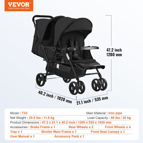 Dubbel vagn-VEVOR-tandemsits, ryggstöd, justerbart fotstöd, wraparound säkerhetssele-nyfödd, toddler-svart