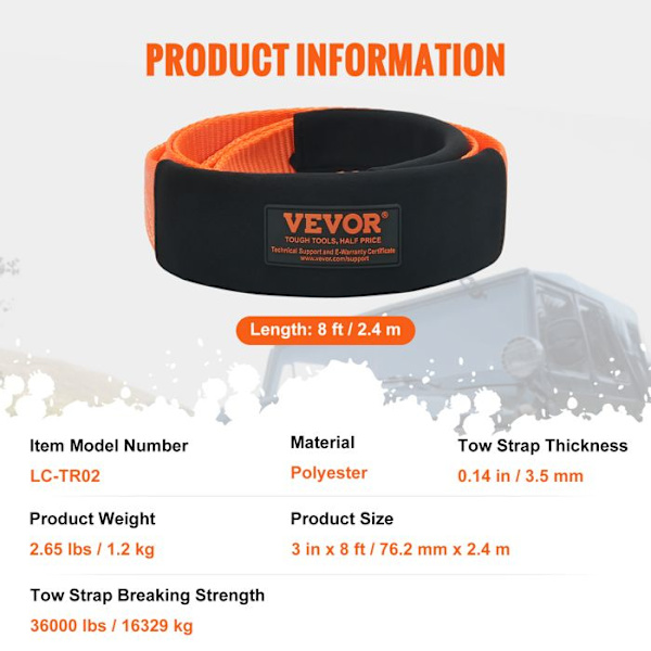 Bogserband-VEVOR-76,2 mm x 2,4 m-Förstärkt trippelögla-16329 kg-All-Terräng-rem-Beständighet mot extremt väder