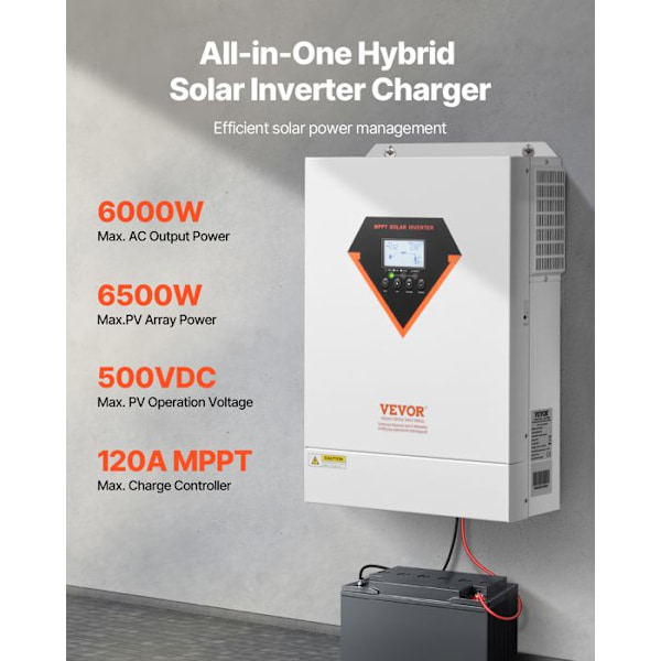 Hybrid Solcellsomvandlare - VEVOR - 6000 W - Ren sinusvågsladdare Allt-i-ett, 48 V DC till 220/230 V AC