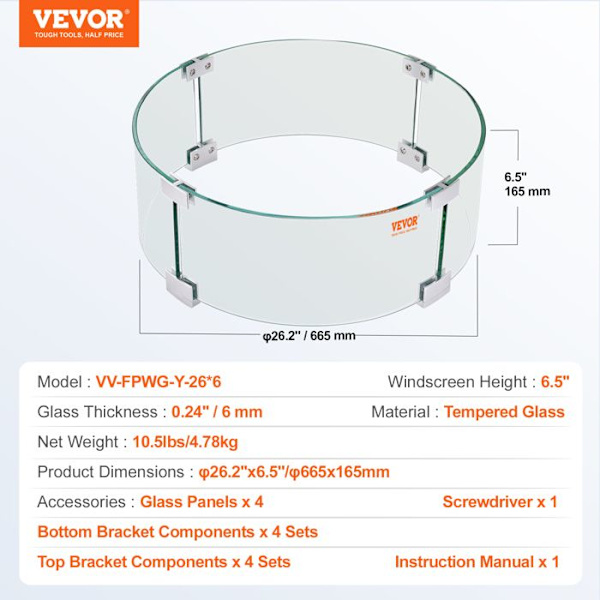 Vindskärm för gasspis-VEVOR-66x15,2x15,2 cm-för brazier rund skyddsskärm Robust Flamskydd Vindtät