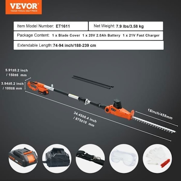 VEVOR Trådlös Teleskopisk Häcksax 188-239 cm 20 V Blad 45,7 cm