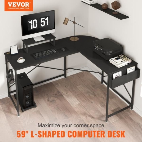 L-format datorbord - VEVOR - Hörnskrivbord 150x120x76 cm Skärmstöd - Svart