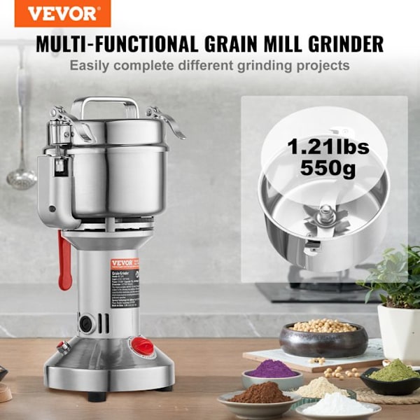 Kaffekvarn Kryddor Elektrisk 550g - VEVOR - 2000W - 3-lagersblad, Timer, Överbelastningsskydd - spannmål örter nötter Pengar