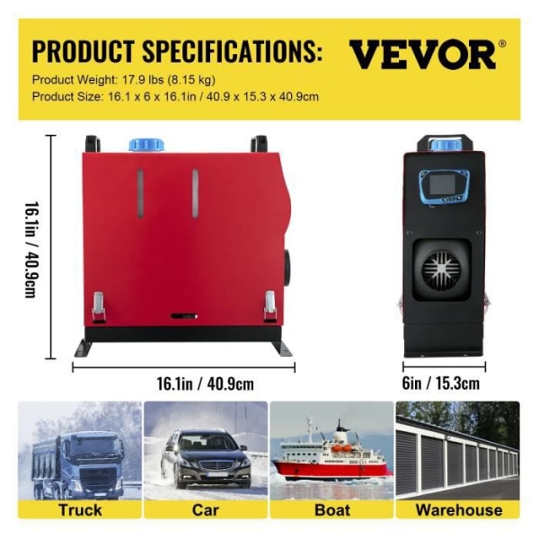 Dieselvärmare - VEVOR - Luftvärmare 8KW 12V - Låg energiförbrukning - LCD-fjärrkontroll Röd