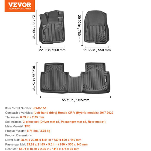 Bilgolvmatta - VEVOR - Honda CR-V 2017-2022 - 3 delar - TPE - Antisklid
