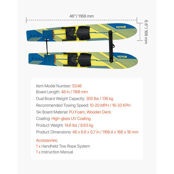 "Combo Vattenskidor-VEVOR-116,8 cm-Vattenskidmaterial för Vuxna-UV-Skyddande Yta-Vattensport"