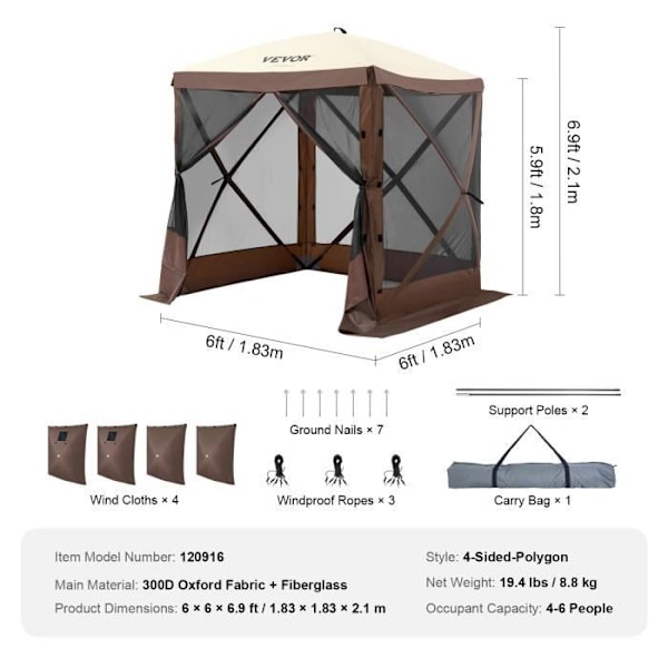Gazebo med myggnät - VEVOR - Pop-Up Gazebo myggnätstält 4 sidor Solskydd Brun 1,83 x 1,83 x 2,1 m