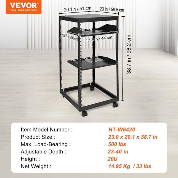 Open Frame Server Rack 20U-VEVOR-58.5-40" 4 stolpar-hjul för router, modem