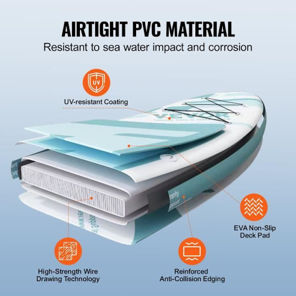Uppblåsbar paddel - VEVOR - Uppblåsbar paddel Stand Up SUP Paddle Board med tillbehör, PVC, aluminium, 3048 × 838 × 152 mm