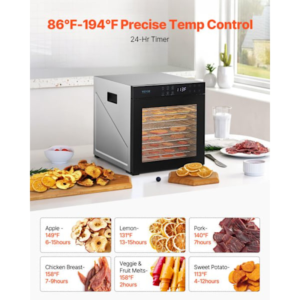 Livsmedelstorkare-VEVOR-10 Brickor-Elstorkare Mat 1000 W-Justerbar Temperatur-24 timmars Timer
