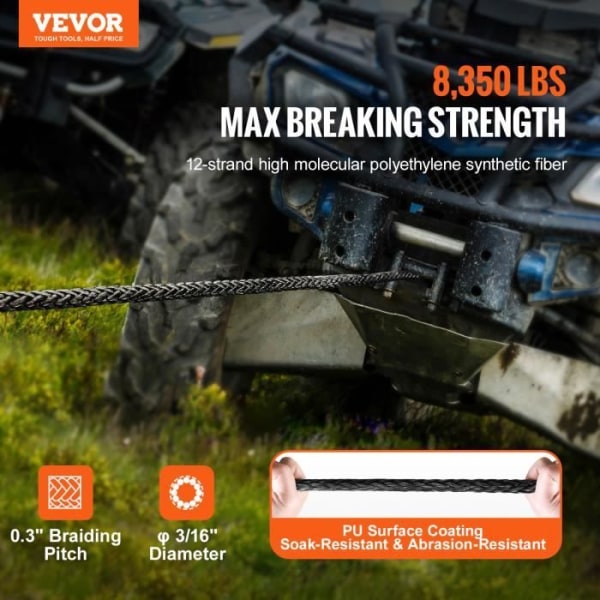 Vinschkabel - VEVOR - 4,8 mm x 15,2 m, Draghållfasthet 37,1 kN, polyeten med hög molekylvikt
