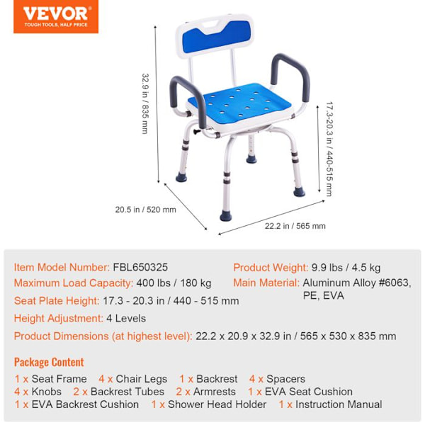 Vridbar duschstol-VEVOR-360 grader-Armstöd-Ryggstöd-Äldre funktionshindrade skadade människor-Belastning 400 lbs