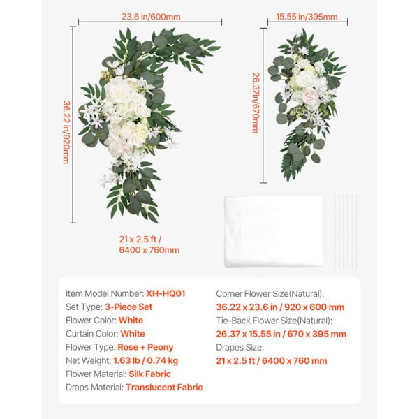 Tillbehör för Bröllopsbåge-VEVOR-med 2 Blomsterbuketter, 1 Genomskinlig Gardin-Vit