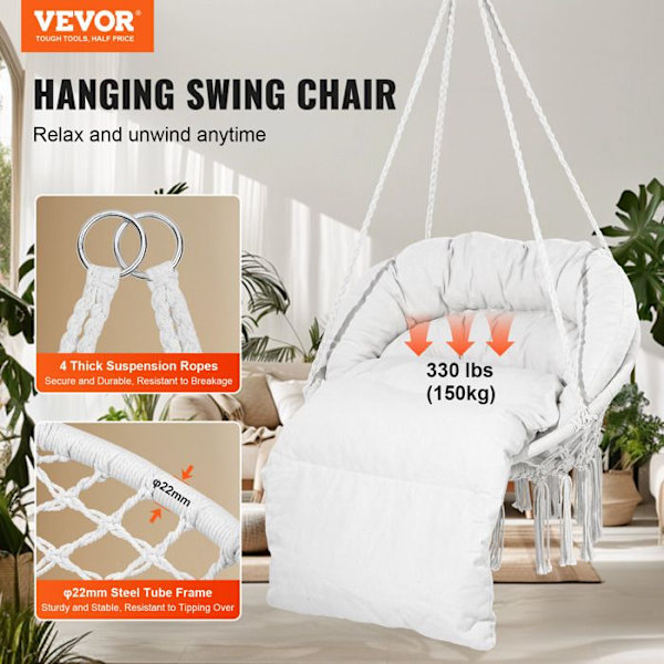 Hängfåtölj-VEVOR-Belastning 150 kg-Macramé Vridbar Hängstol, Dyna-för sovrum, trädgård, inomhus, utomhus-beige